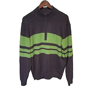 Izod Sweater Mens Size XL 1/4 Zip Navy and Kelly Green Wide Stripe